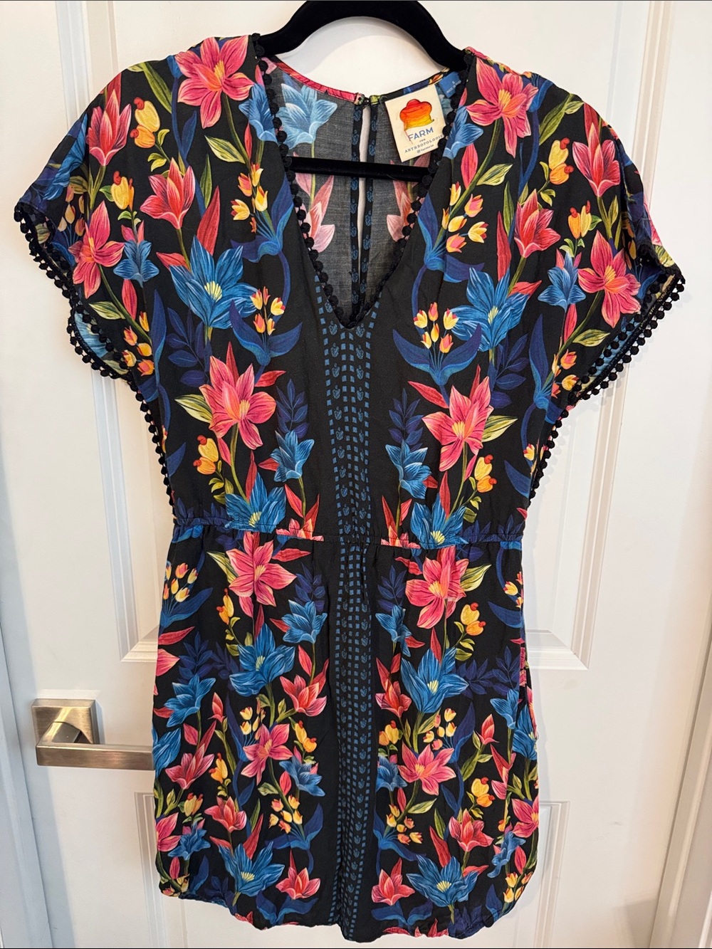 FARM Rio Black Mini Dress with Pink, Blue & Yellow Floral Print